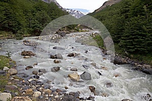 River along trail to the Torres del Paine at the Torres del Paine National Park, Chilean Patagonia, Chile