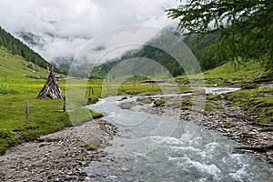 River in the alps on a cloudy day in summer