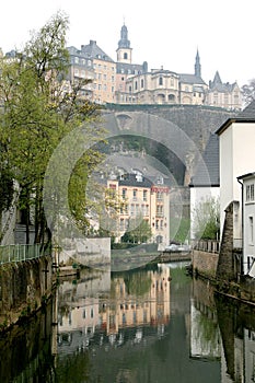 River of Alzette and town wall in Luxembourg City photo