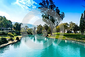 River Amal flows through the kibbutz Nir David in the valley of Beit Shean. Israel. Nir David Country Lodge