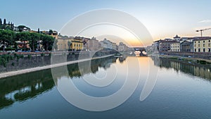 River Arno and famous bridge Ponte Vecchio day to night timelapse after sunset in Florence, Tuscany, Italy