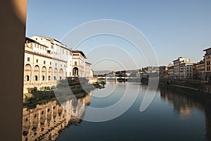 River Arno in Florence, city landscape in a sunny day with views from Ponte Vecchio