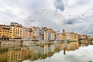 River Arno and Santa Trinita Bridge in Florence Downtown - Tuscany Italy