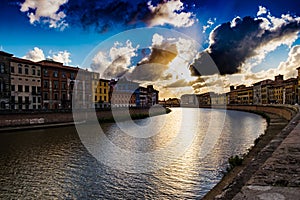 River Arno and Waterfront sunset at Pisa