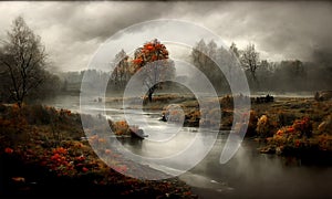 River  at autumn misty morning landscape, digital illustration