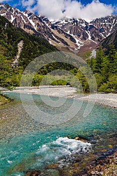 River Azusa flowing through the Kamikochi valley with snowy peaks (Kamikochi, Japan