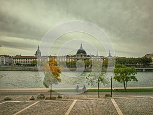 The river bank park of the river rhone, Lyon old town, France