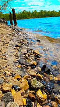 The river Bank is rocky.Clean water.In the background, the forest and the blue sky.