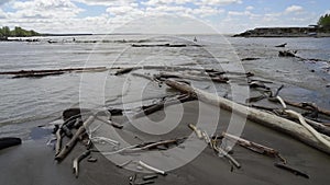 The river bank, waves of dirty melt water splash about snags