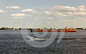 River barge,white motorboat,river Volga,Russia