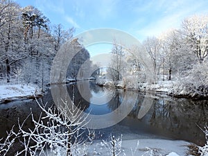 River and beautiful snowy trees, Lithuania