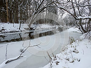 River and beautiful snowy trees, Lithuania