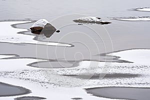 River begins to freeze, rocks poking out of the shallow water