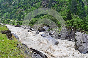 River Bhagirathi (main tributary of the Ganges) flowing through Himalayan mountains, Uttarakhand, India