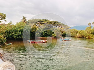 River, boats, river, trees, clouds, skies