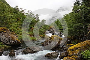 River Bondhuselva flowing out of lake Bondhus in Folgefonna national park, Hordaland county, Norway