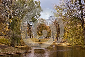 River and bridge in golden autumn city park