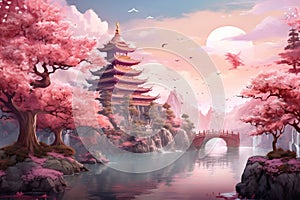 River with bridge painting