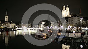 River and bridge between towers in Zurich Switzerland.