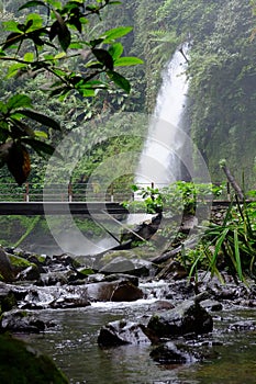 River and bridge with waterfall & x22;Curug Sawer& x22; in Sukabumi, Indonesia