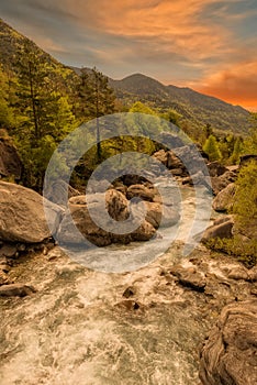 The river in broto at sunset, pyrenees, ordesa