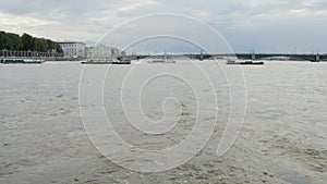 River buses are crossing the river. Neva River, St Petersburg.