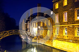 River Cam and old college buildings in the night. Cambridge