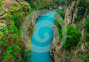 River between canyon and forest. Manavgat, Antalya, Turkey. Blue river. Rafting tourism