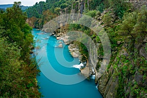 River between canyon and forest. Manavgat, Antalya, Turkey. Rafting tourism