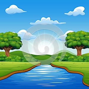 River cartoons in the middle beautiful natural scenery