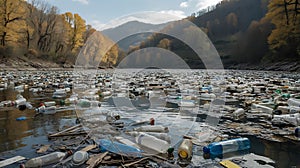 River choked with plastic bottles and debris a stark environmental issue