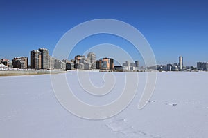 River and city in sunny winter day. Kazan, Russia