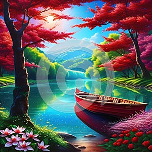 The river is clean and clear, and the small boat is red and white.