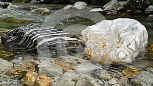 A river with clear mountain water flows over dark and light colored stones with striped pattern