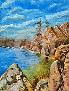 River coast landscape with stones and trees. Autumn season. Hand drawn oil painting on canvas textures. Bitmap image