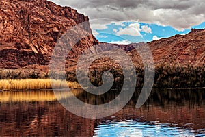 River Colorado acting like a mirror to the surrounding scenery, Lees Ferry landing, Page, AZ, USA