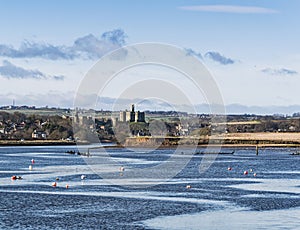 River Coquet estuary with Warkworth Castle and copy space