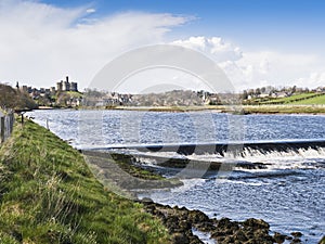 River Coquet with Warkworth Castle and village, Northumberland, UK