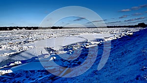 River covered with piles of ice smithereens photo