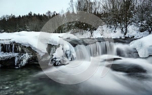 River covered with snow and ice in winter, long exposure with milky smooth water flow