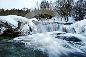 River covered with snow and ice in winter, trees background, long exposure photo with milky smooth water flow