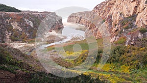 River creek estuary in canyon, mountain cliff or bluff. California ocean coast.