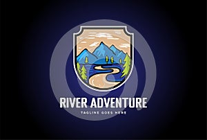 River Creek Mountain with Pine Fir Trees Forest Badge Emblem for Outdoor Hiking Camp Adventure Logo Design