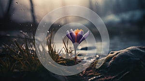 River And Crocus Flower At Sunrise In The Style Of Michal Karcz And Felicia Simion photo