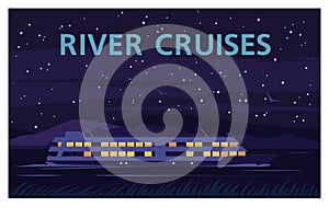 River cruise ship. Night landscape.