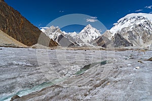 River curve of Vigne glacier in front of K2 and Broadpeak mountain, K2 trek, Pakistan photo