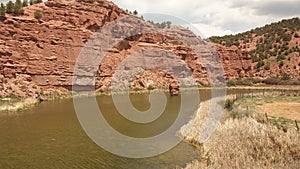 River curving past eroded rocky cliffs