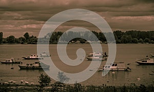 River Danube small fishing boats, b&w