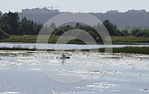 River at dawn and the silhouette of a fisherman in a boat in the distance. The reflection of the sky in the water. Background, ple