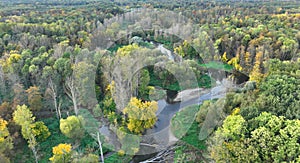 River delta floodplain autumn fall color meander drone aerial inland video shot in sandy sand alluvium, benches forest